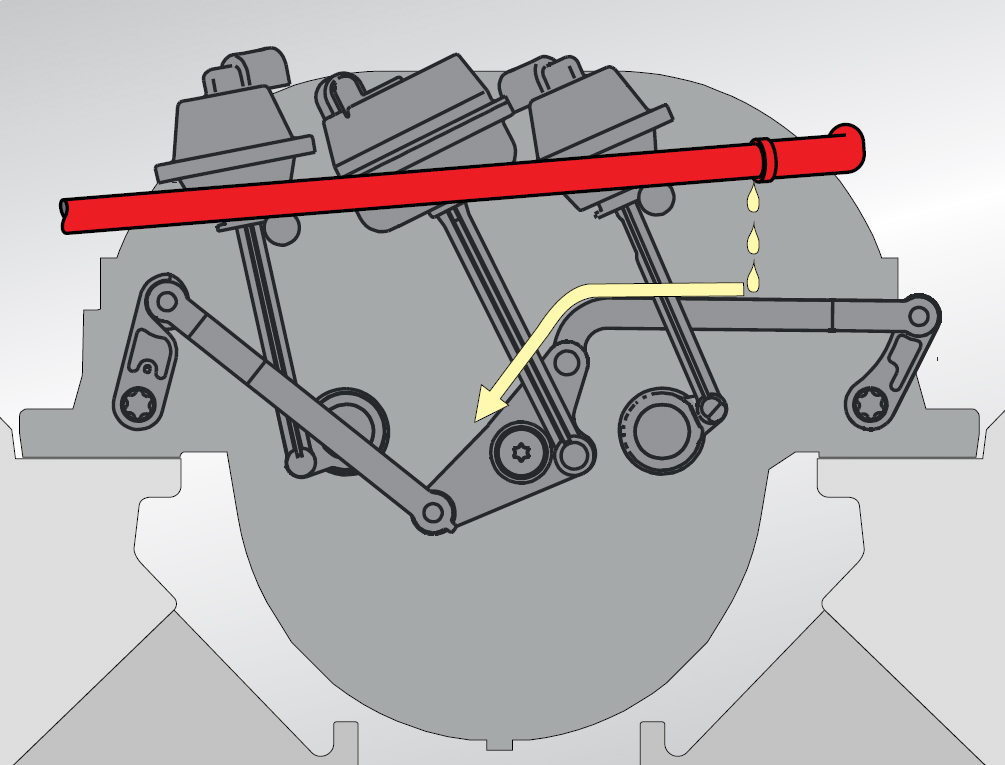 Причина дефекта: масло, вытекающее из трубопровода системы вентиляции картера двигателя (выделен), приводит к повреждению системы тяг и рычагов переключения